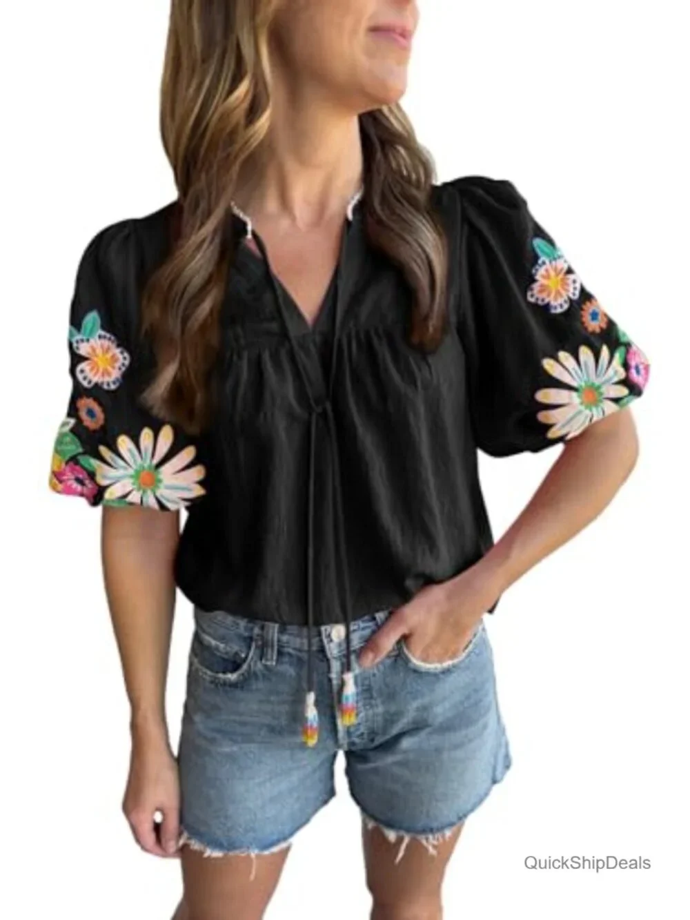 Womens Floral Embroidered Tops Casual Summer Puff Sleeve Split V Neck